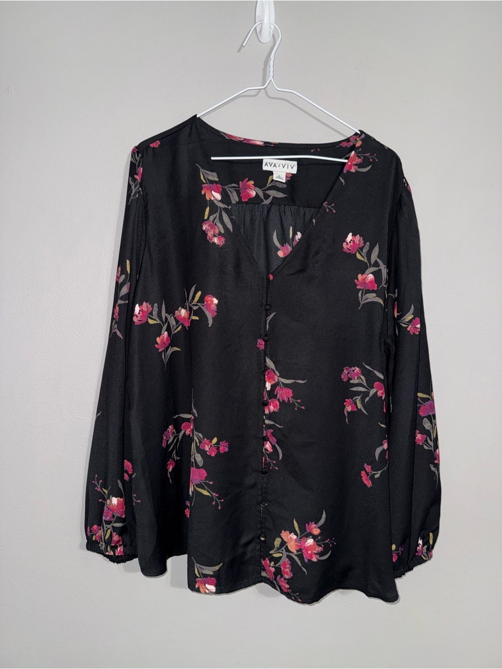 Ava & Viv Black Blouse with Pink Floral Print 1X